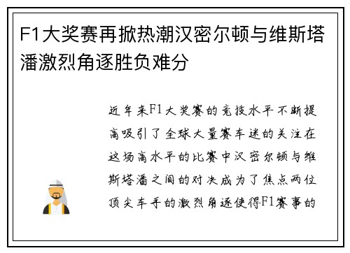 F1大奖赛再掀热潮汉密尔顿与维斯塔潘激烈角逐胜负难分