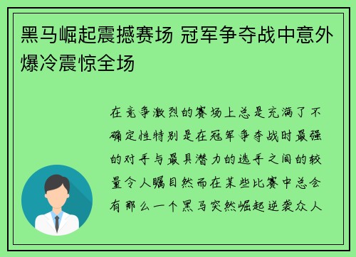 黑马崛起震撼赛场 冠军争夺战中意外爆冷震惊全场