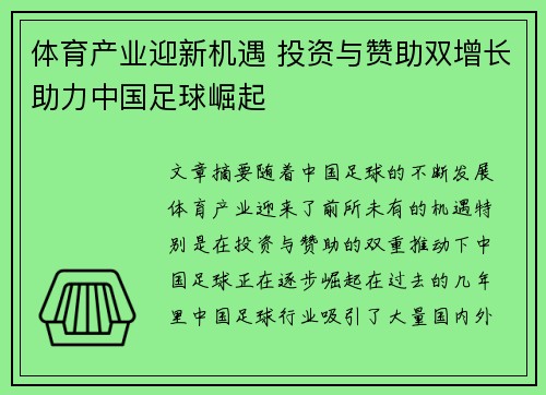 体育产业迎新机遇 投资与赞助双增长助力中国足球崛起